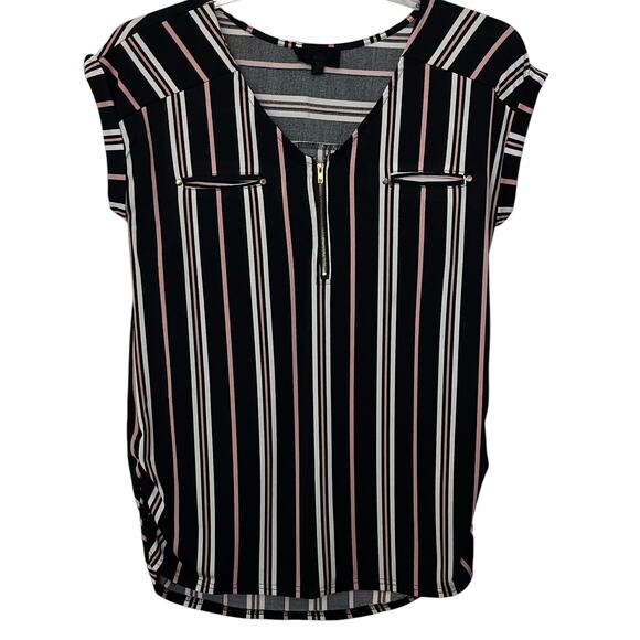 SWEET WANDERER SLEEVELESS V-NECK QTR ZIP BLOUSE, WOMEN-L-BLACK-PINK/WHITE STRIPE - Picture 1 of 12